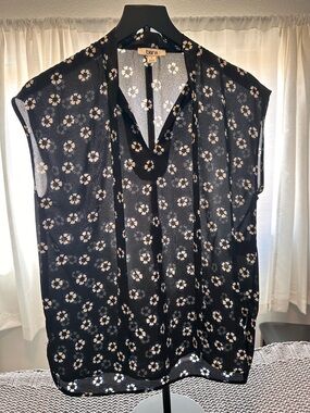 Bar III Black Sheer Floral Tie-Neck Blouse
